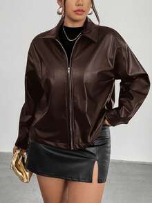 Firerie 大码女式黑色长袖PU皮夹克