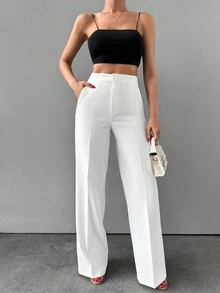 ZIRRA 时尚女士白色高腰阔腿裤，商务休闲百搭长裤 - 白色 - 查看 5