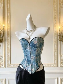 SHEIN MOD 提花鱼骨边优雅露肩前扣吊带背心 - 藍色 - 查看 5