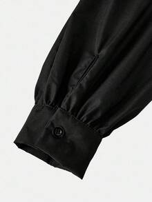 SHEIN Camicetta dolce a maniche lunghe con colletto alla coreana, in colore nero tinta unita, adatta per ragazze adolescenti, stile casual, da casa, da strada, per pendolarismo, clean girl, stile Y2K, adatta per primavera, estate, autunno, inverno