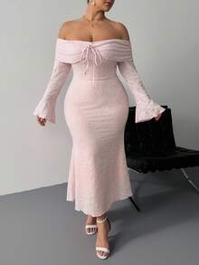 SHEIN PETITE CURVE 大码女式露肩修身长袖喇叭袖优雅连衣裙 - 粉色 - 查看 4