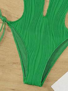 SHEIN Swim 1 件女式纯色镂空吊带连体泳衣，度假风格 - 綠色 - 查看 4