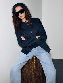 Lumivelle 纯色修身长袖前开衫，小圆领，开衩下摆，收腰，假口袋，金属纽扣，办公室，休闲，优雅，简约，奢华，通勤，知性，专业，春秋女士常规西装外套 - 藏蓝色 - 查看 5