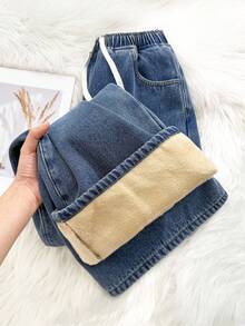 SHEIN 少女宽松抽绳腰蓝色牛仔保暖裤，秋冬季，保暖内衬牛仔裤，冬季牛仔裤，牛仔裤，保暖牛仔裤，休闲学院风，舒适时尚，简约实用，百搭柔软棉质面料，适合日常穿着、上学、旅行、户外活动，秋冬季返校季 - 中等水洗藍 - 查看 4