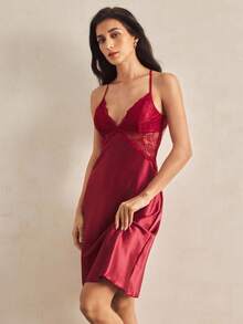 Charlaine Faux Silk Lace Women's Sexy Camisole Nightgown - Burgundy - View 4