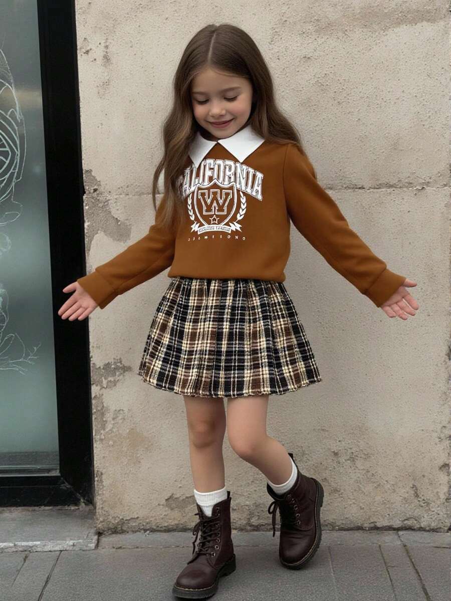 Conjunto de 2 piezas de niña para otoño/invierno de vuelta al colegio, con sudadera de manga larga de punto con estampado de letras inglesas en panel frontal marrón café y cuello blanco sólido, emparejada con falda plisada a cuadros marrón café, adecuado para uso diario, salidas, viajes y reuniones - Café integral - Ver 1