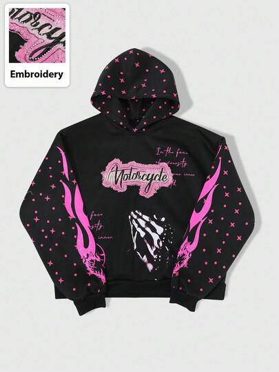 Street Life Men's Hooded Sweatshirt, Fleece Lined, Embroidered Patch & English Letter Print, Autumn/Winter