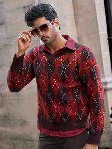 Manfinity NXTstreet Suéter holgado casual de hombre con cuello en V de jacquard de rombos, manga larga, suéter superior, camisa burdeos para hombre, camisas de punto para hombre, suéter de argyle de hombre con patrón de diamantes, otoño e invierno - Rojo - Ver 8