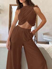 Cloudara Chic Simplicity: Round Neck Draped Crop Top And Matching Bottoms Set - Brown - View 7