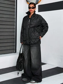 CasuGlow Women Solid Color Padded And Pocket Detailed Winter Coats - Black - View 5