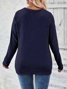 EMERY ROSE Plus Size Casual Round Neck Long Sleeve Button Hem T-Shirt Fall - Navy Blue - View 2