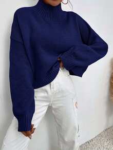 EURMUSE Mock Neck Drop Shoulder Sweater - Navy Blue - View 6