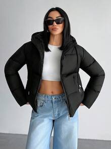 HOOD DRAWSTRING METALLICAL ZIP BODY POCKET PUFFER WINTERCOAT - Black - View 1