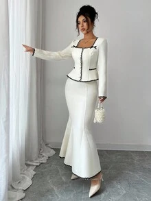 Elenzga Elegant Collared Contrast Ruffle Butterfly Button Decor Fitted Jacket, Contrast Ruffle Mermaid Hem Skirt - Apricot - View 3