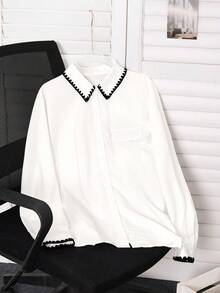 SHEIN LUNE Áo sơ mi dài tay đơn hàng thường ngày họa tiết hoa cỡ lớn cho nữ - Màu be - Xem 4