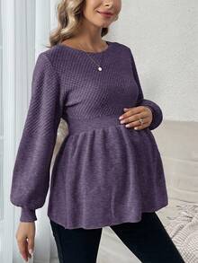 SHEIN Maternity Casual Solid Color Lantern Sleeve Sweater, Autumn/Winter - Purple - View 4