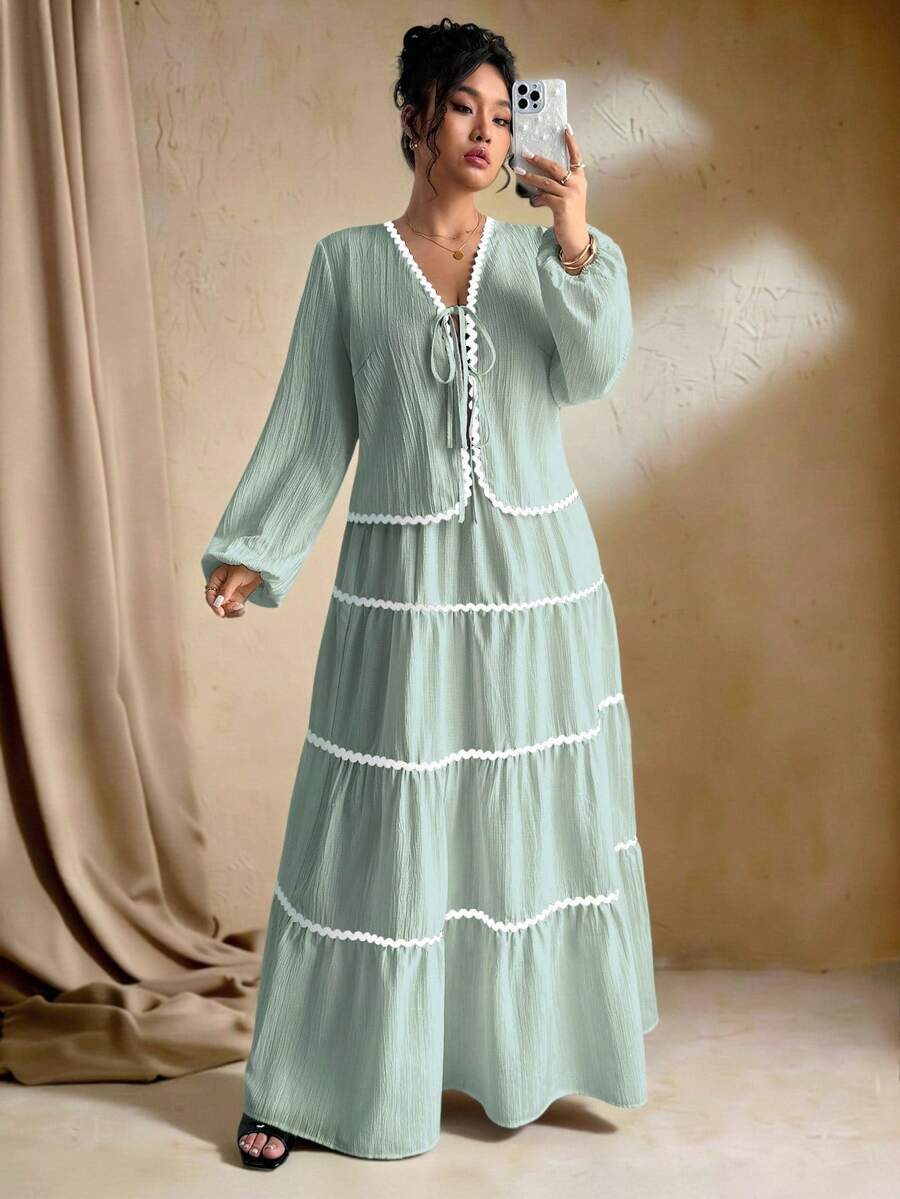 SHEIN Tall 加大码女式编织纹理长袖开衫,搭配系带腰带,撞色荷叶边下摆设计,松紧腰长裙,法式优雅浪漫两件套 - 薄荷綠 - 查看 1