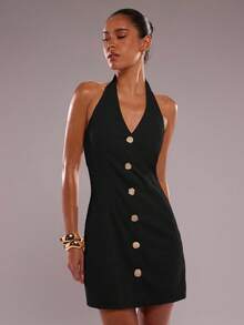 SHEIN BAE Women's Sexy Solid Color Front Button Backless Halter Mini Dress, Summer - Black - View 5
