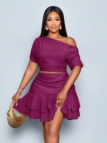 SOLERSUN Bộ áo và chân váy cổ lệch màu trơn đi làm mùa hè - Màu tím - Xem 5