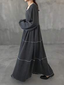 FRIFUL Damen Loose Fit einfarbiges Kleid mit quadratischem Ausschnitt und Langarm, Kontrastbesatz, ausgestellter Rock, lässig & vielseitig, Herbst