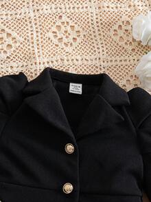 SHEIN Babygirl Infant Newborn Girl Fashion Design Cute Baby Girl Color Matching Leg Of Mutton Sleeve Single-Breasted Pleated Hem Fashion Dress, Leg Of Mutton Sleeve Black Dress, Fashionable Dress, Soft Fabric Cares For Baby's Skin, Is The First Choice For Mothers Shopping, Fashionable Design Cutting-Edge Fashion Design Can Be Worn Indoors And Outdoors, Simple Style, Suitable For Indoors, Outdoors, Daily, Sports, Play, Parties, Photo Shoots, Vacations, Festivals - Multicolor - View 3