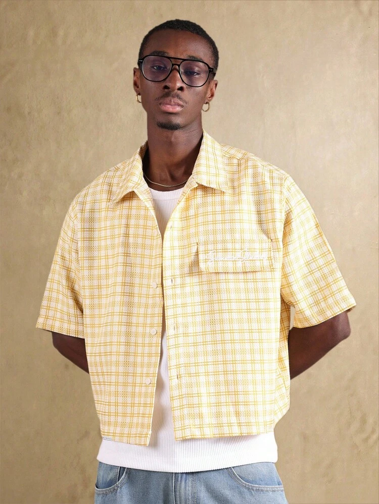 Casual Lightweight Textured Check Cropped Cut Button Down Shirt