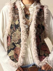 Bohemela 女式休闲花卉提花开襟无袖仿皮草大衣，秋冬 - 彩色 - 查看 3