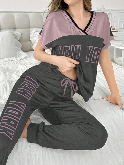 Contrast Color Blocking Letter Print V-Neck Short Sleeve Pajama Set For Women