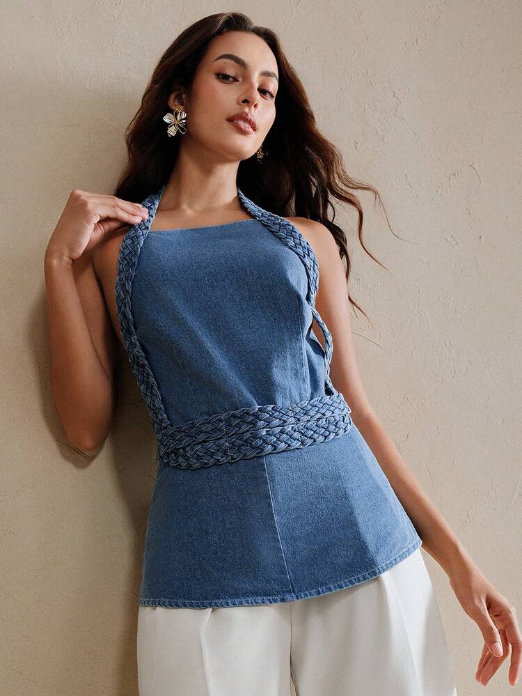 Women's Light-Colored Halter Neck Washed Denim Blouse With Crochet Trim, Casual For Vacation And Beach