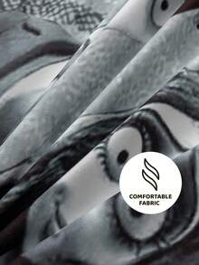 Corpse Bride X SHEIN 3pcs Vintage Cartoon Figure Graphic Duvet Cover Set, Brushed Fabric, Soft & Warm, Black Duvet Cover, Multiple Sizes Fit Twin/Full/Queen/King Bed, Goth - Grey - View 6