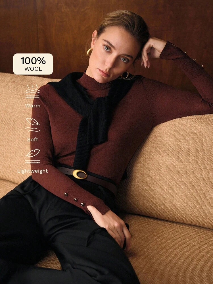 100% WOOL MOCK NECK FITTED KNIT SWEATER, AUTUMN/WINTER