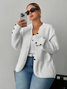 SHEIN PETITE CURVE 大码女式纯色长袖单排扣立领休闲开衫，秋冬 - 白色 - 查看 8