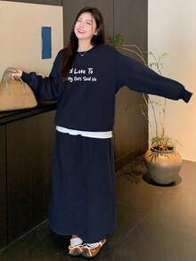 Dazy Plus 2pcs/Set Women Casual Letter Print Loose Fit Crew Neck Long Sleeve Sweatshirt And Mini Skirt, Plus Size, College Style Fall/Winter