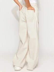 Radiana Tween Girl Y2K 时尚纯色水洗蝴蝶结牛仔裤刺绣蝴蝶结宽松牛仔直筒牛仔裤，秋季服装返校街头服饰 - 杏色 - 查看 3