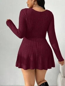 SHEIN EZwear 大码纯色方领连体裤，酒红色，秋季 - 酒紅色 - 查看 2