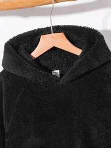 SHEIN 男童休闲日常舒适抓绒贴花卫衣，宽松套头衫，适合生日派对、晚宴、演出、婚礼、洗礼、开幕式等场合，日常穿着舒适，适合上学、旅行、运动，适合秋冬季节。带耳朵装饰，可爱秋季款。 - 黑色 - 查看 7