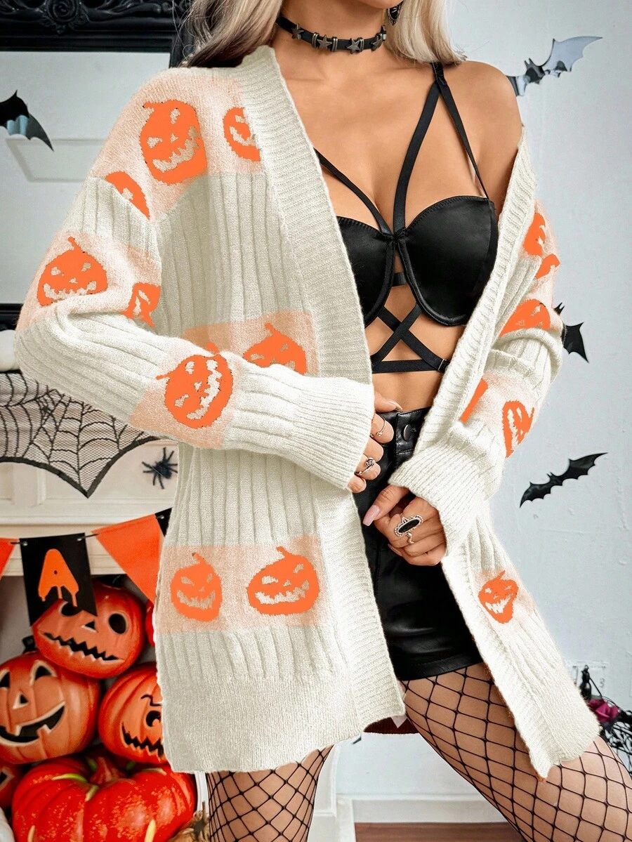 Chiquease Halloween Casual Pumpkin Pattern Knit Cardigan Pumpkin Sweater Halloween Sweater - White - View 1
