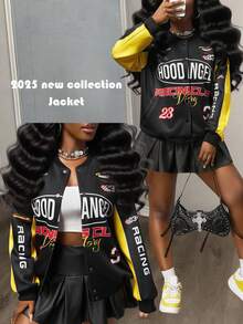 Slaydiva Women's Black Early Autumn Streetwear Everyday Back-To-School Baseball Jacket Retro Slogan Logo Printed Off-The-Shoulder Loose Long-Sleeved Jacket - Black - View 1