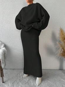 EURMUSE Conjunto De Suéter De Dos Piezas De Color Liso Para Mujer Sin Cinturón - Negro - Ver 5