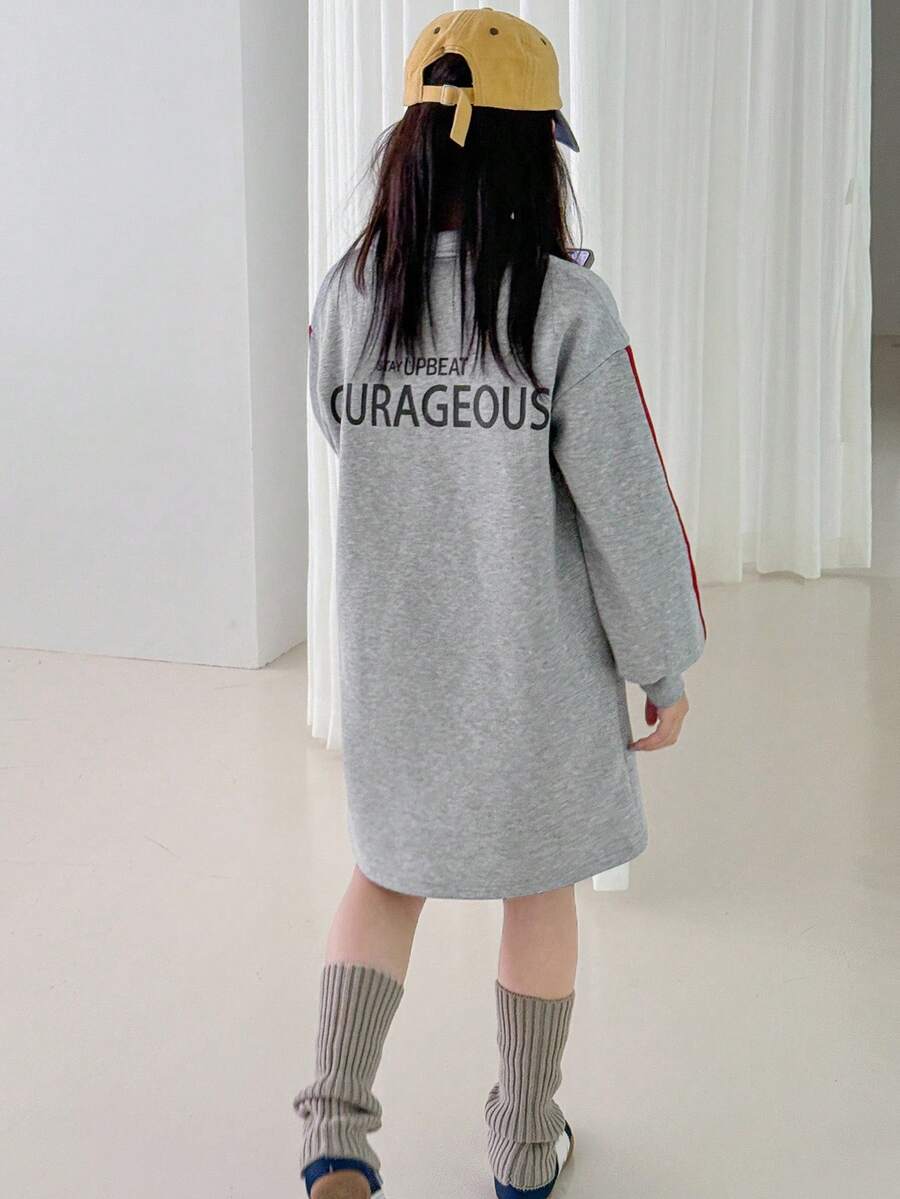 DAZY Tween Girl Fall Clothes Polo Collar Letter Print Knit Fashion Dress - Grey - View 1