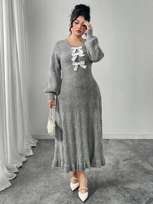 Modelyn 大码女式优雅蝴蝶结圆领长袖毛衣裙 - 灰色 - 查看 7
