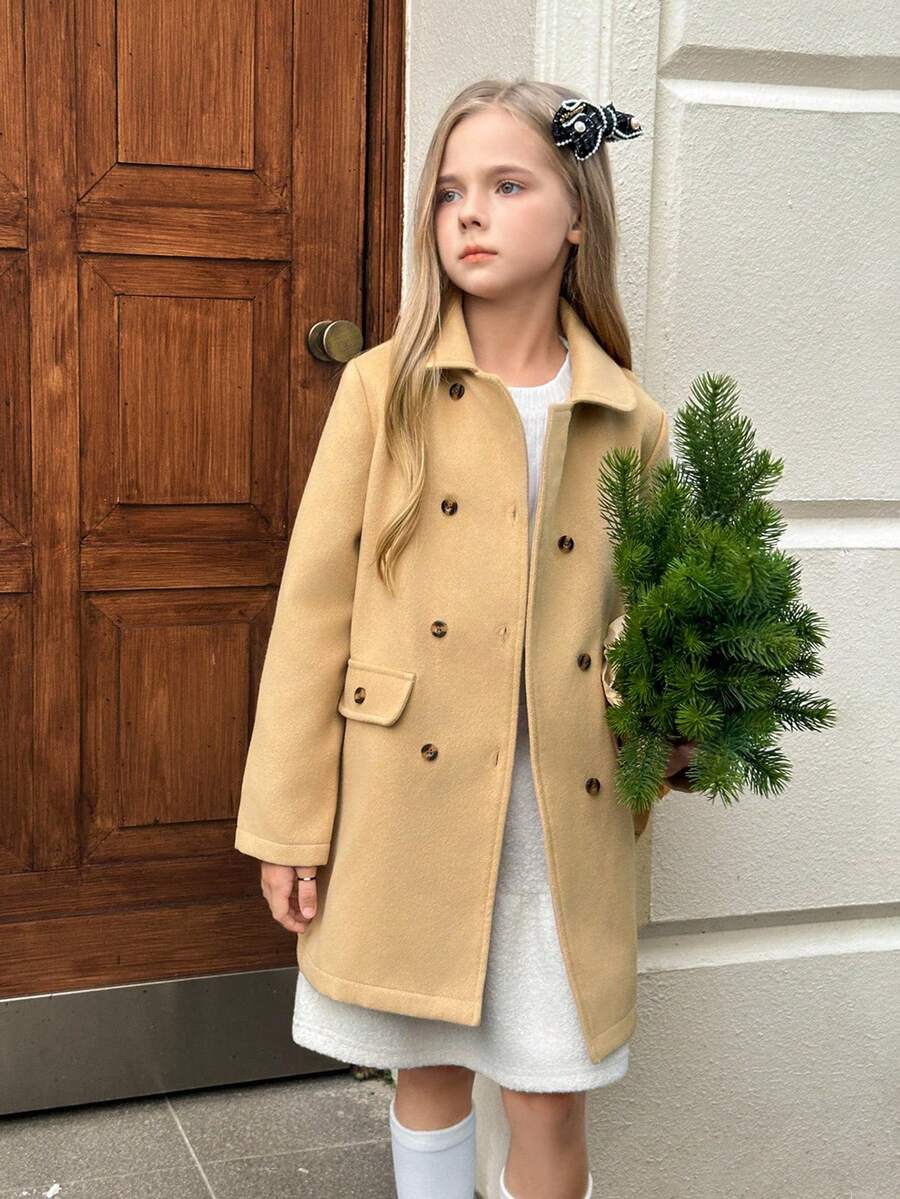 SHEIN Elladie kids Tween Girls' Fashionable Khaki Faux Pocket Front Double-Breasted Long Sleeve Woolen Jacket, Stylish & Cute, Autumn/Winter Fall - Khaki - View 1