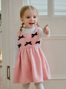 Souflis Souflis 2pcs Baby Girls' French Casual Velvet Ribbed Top & Pink Pinafore Dress Set,Cute Matching Family Pink And White Autumn Outfit With Bow Accent,Toddler - Pink - View 6