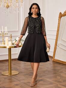 SHEIN Lady Women's Metallic Star Mesh 3/4 Sleeve Top And Sleeveless Dress Elegant 2 Pieces Set