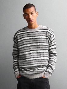 SUMWON Flauschiger gestreifter Strickpullover, gemütlicher Winter-Pullover mit weicher Textur, Rundhalsausschnitt, Langarm, lässige warme Loungewear Strickware - Verschiedenfarbig - Übersicht 1