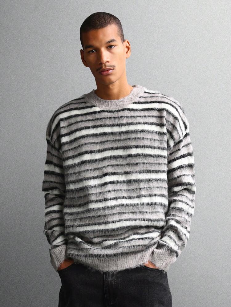 Fluffy Striped Knit Sweater With Crew Neck