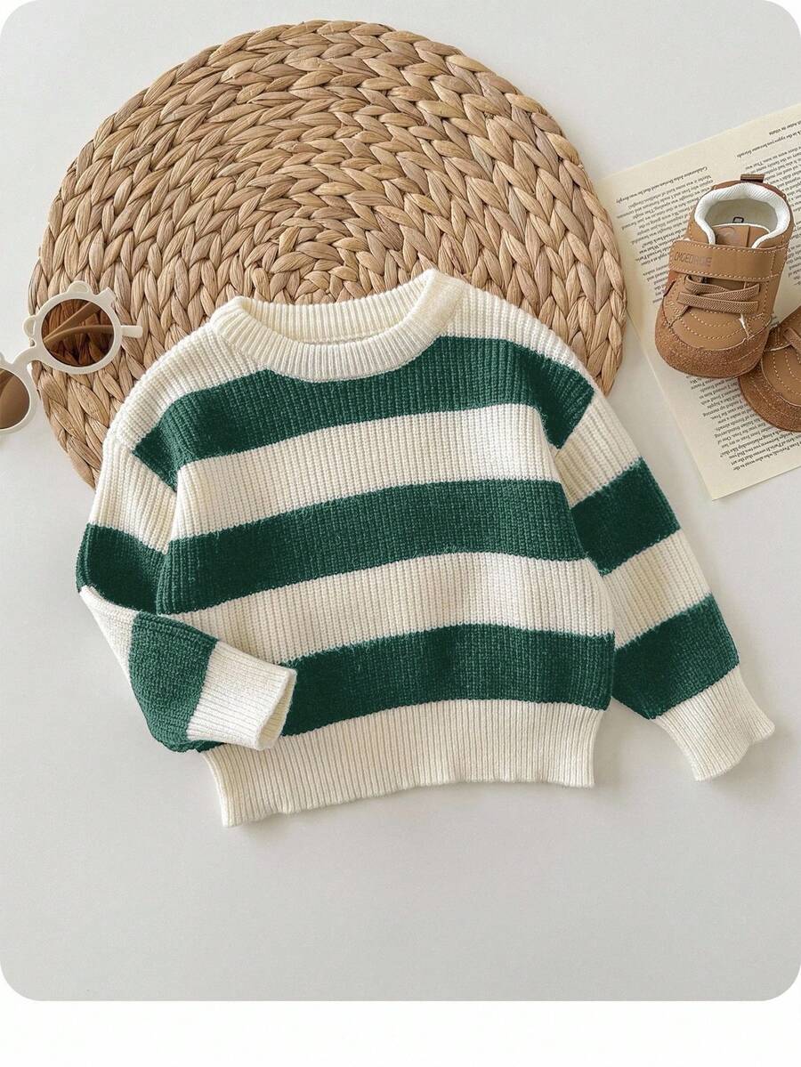 SHEIN 男女通用婴儿/幼儿休闲运动街头服饰绅士学院风百搭舒适时尚黑白条纹圆领宽松针织毛衣 - 墨綠色 - 查看 1