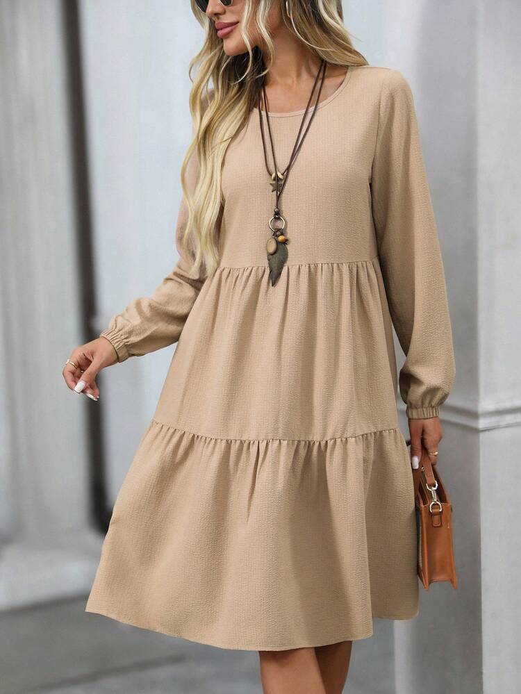 Women's Casual Commuter Solid Color Long Sleeve Midi Dress