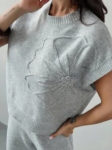 Firerie 女士时尚休闲度假 3D 扭纹圆领无袖毛衣上衣和裤子毛衣套装，休闲宽松裤套装，秋冬灰色扭纹毛衣套装 - 灰色 - 查看 4