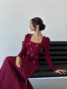 Firerie Women's Elegant Burgundy Autumn Square Neck Pearl Long Sleeve Pleated Hem A-Line Maxi Dress,Refined Dining Party Christmas New Year Clothes - Red Violet - View 9
